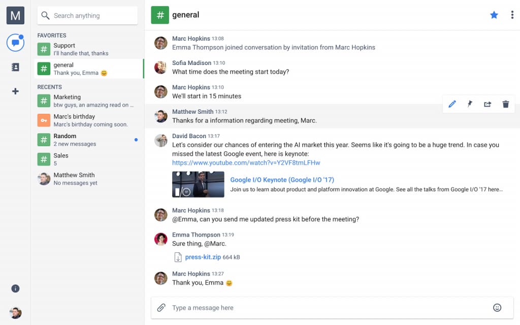 Chanty with the general channel open, favorites and recent conversations on the left, messages with a link preview and a shared file