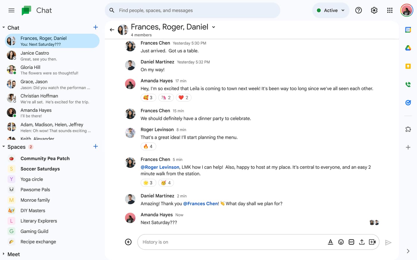 Google Chat in the browser with the chat list and Spaces on the left, a group conversation with reactions and mentions, and Workspace app shortcuts on the right