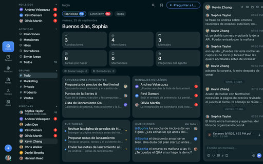 Página de inicio de FabricLoop en español, con aprobaciones, mensajes sin leer, tareas y la conversación Lanzamiento Q2 abierta a su lado