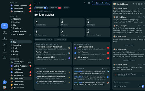 FabricLoop Accueil en français, avec les approbations, les messages non lus, les tâches et la conversation Lancement Q2 ouverte à côté