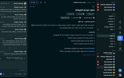 הערת FabricLoop שכותרתה Turn Notes Into Action בעברית, עם groups, מי שמוקצה, ואישור, לצד שיחת Q2 Launch