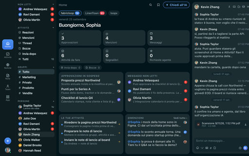 FabricLoop Home in italiano, con approvazioni, messaggi non letti, task e la conversazione Q2 Launch aperta accanto