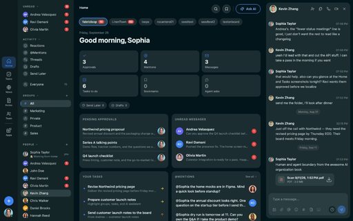 FabricLoop Home in English, with approvals, unread messages, tasks, and the Q2 Launch conversation open beside them