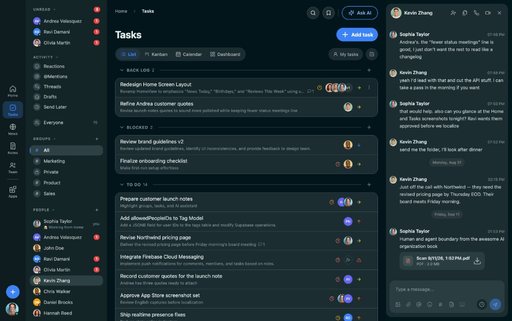 FabricLoop Tasks in English, a list of backlog, blocked, and to-do work beside the Q2 Launch conversation