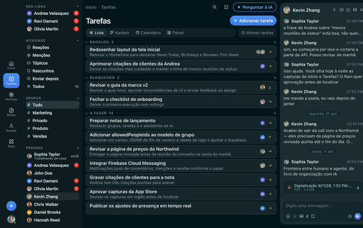 FabricLoop Tasks em português brasileiro, uma lista de trabalho em backlog, bloqueado e a fazer ao lado da conversa Q2 Launch