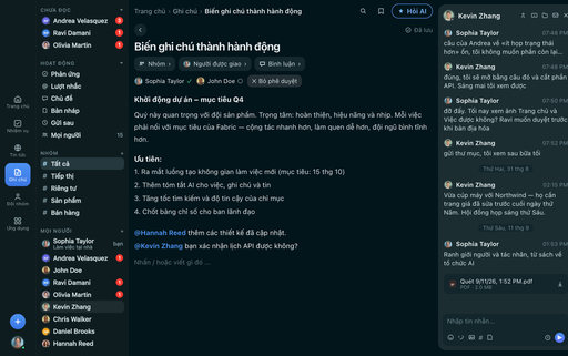 Ghi chú FabricLoop có tiêu đề Turn Notes Into Action trong tiếng Việt, với các nhóm, người được giao và một phê duyệt, cạnh cuộc hội thoại Q2 Launch